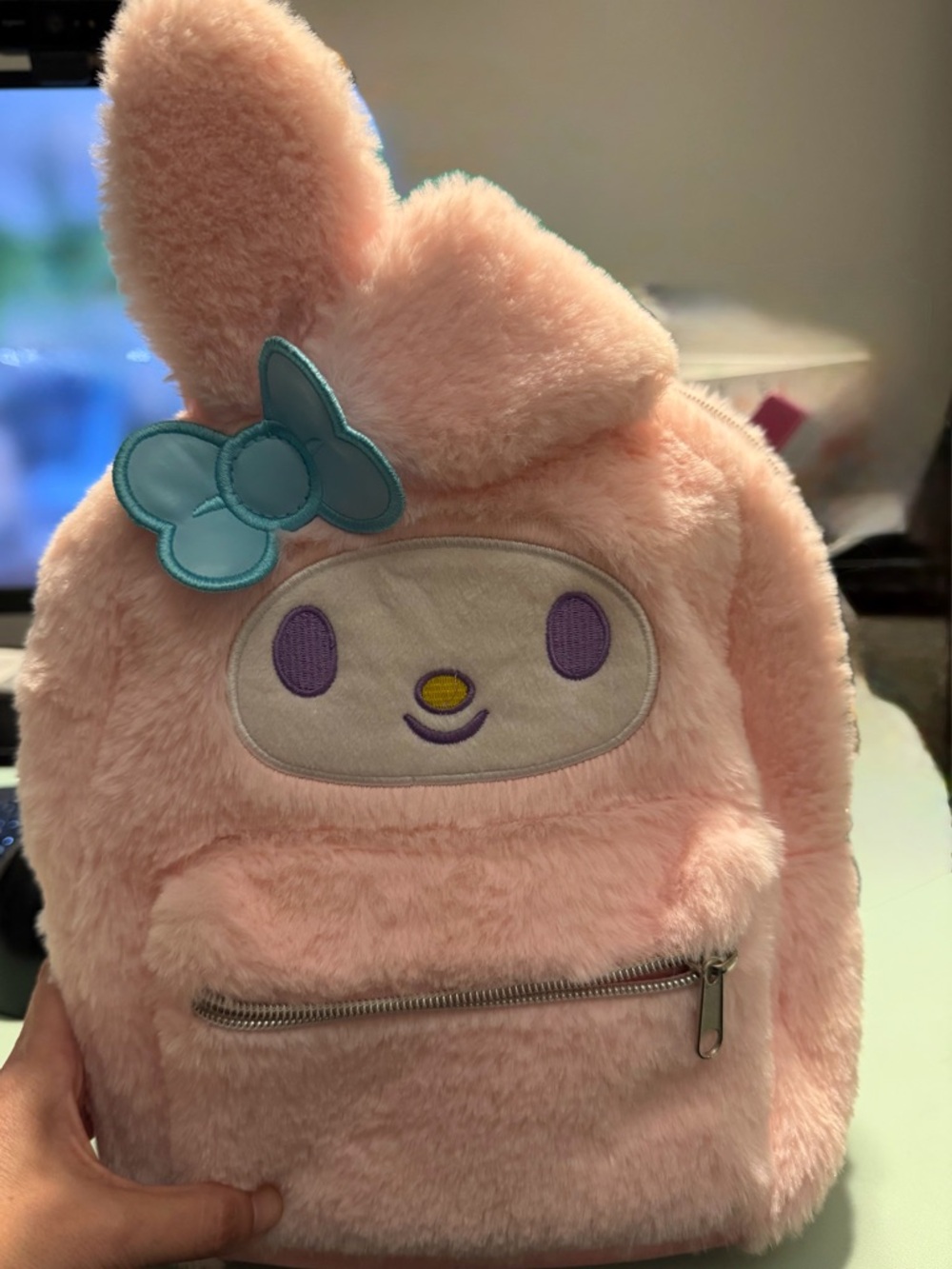 Sanrio Pink Plush Kids Backpack with Blue Bow Accent + gift with purchase
